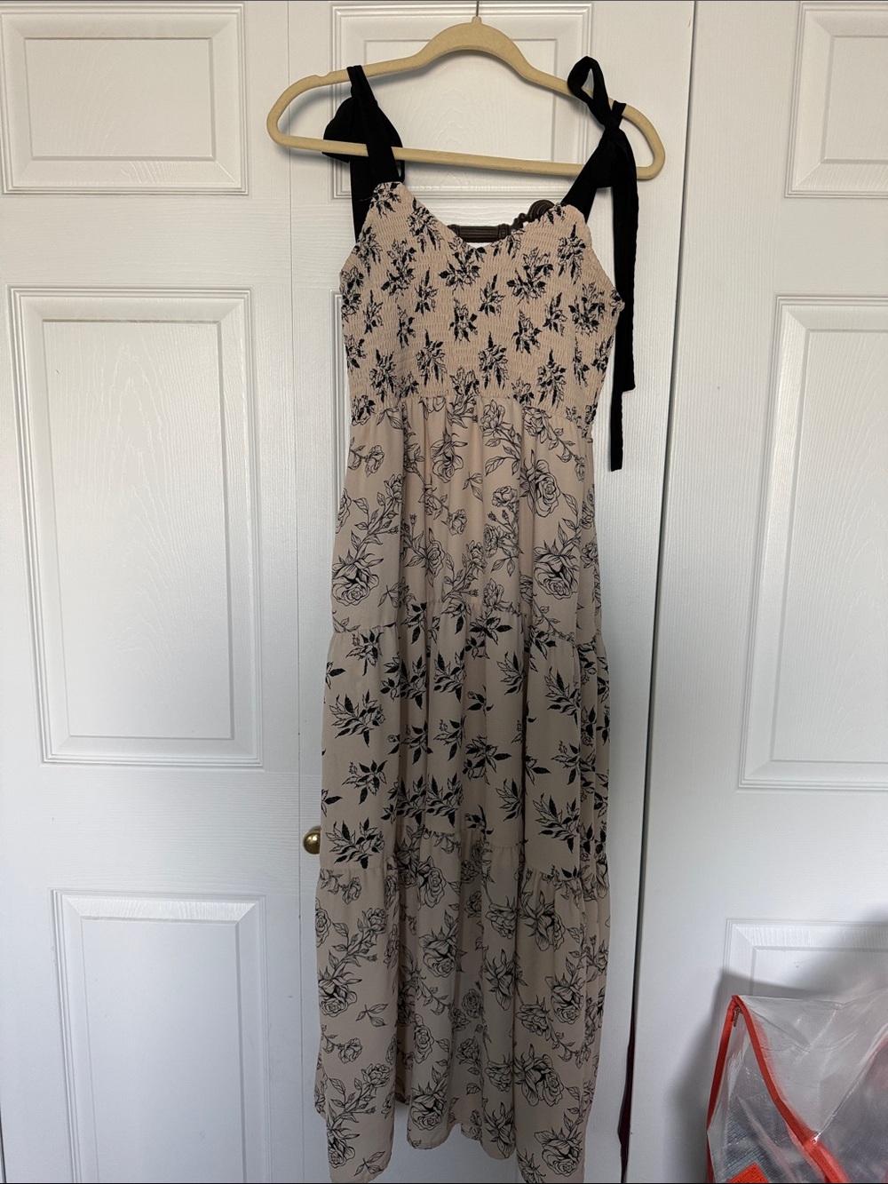 Beige Floral Maxi Dress with Black Tie Straps